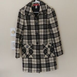 Anne Klein wool blend black and white plaid coat small chic